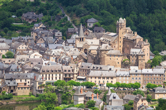 Estaing village seen from the top of the hill in Aveyron - France