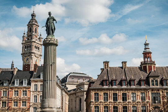 Historic Grand-Place square with its goddess column and belfry  in Lille - France