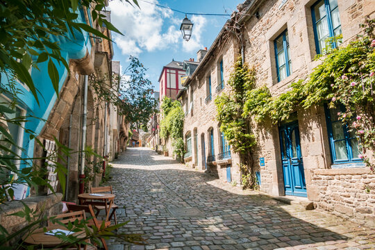 Rue du Jerzual, charming medieval street in Dinan, Brittany - France
