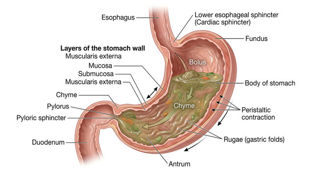 Cross‑section of the human stomach showing esophagus entry, fundus, body, antrum, pylorus, sphincters, rugae and layers of the stomach wall, with partially digested chyme moved by peristaltic contract