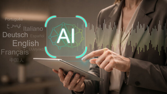 AI voice translation and speech recognition concept. Multilingual communication, language localization and voice processing. Businesswoman using tablet for AI translation
