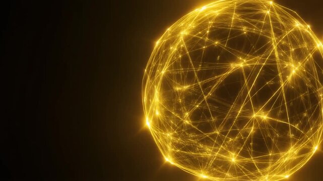 Glowing golden sphere of interconnected energy lines, symbolizing physics, digital technology, and futuristic visualization of abstract scientific concepts.
