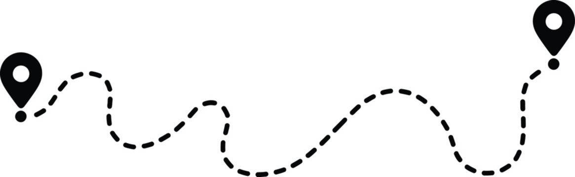 Location route, illustration, two map pins connected by dashed route line representing navigation travel direction and destination tracking concepts.