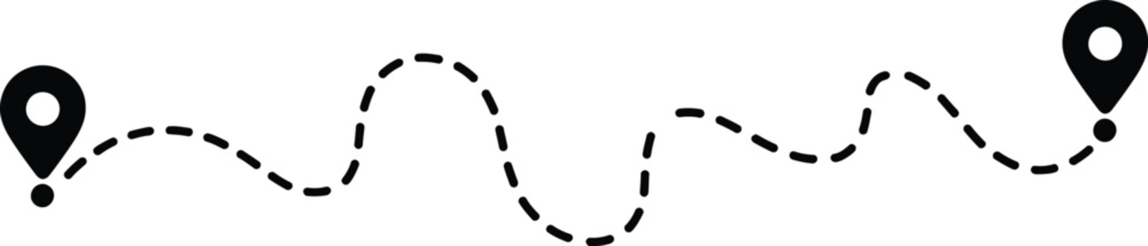 Location route, illustration, two navigation pins joined by dotted route path showing travel direction delivery tracking and journey planning concept.