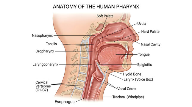 Anatomy of the human pharynx in sagittal section showing nasal cavity, oral cavity, nasopharynx, oropharynx, laryngopharynx, hyoid bone, vocal cords, trachea and esophagus, clarifying relationships of