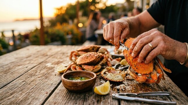 Man hands cracking fresh boiled crab at a seaside restaurant at sunset. Authentic coastal seafood dining experience on a rustic wooden table. Website Banner, Hero Header, Wide Background.