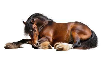Brown horse with dark mane resting peacefully, isolated on transparent background © Finn