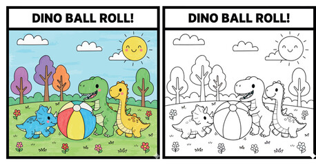 Cute Cartoon Dinosaurs Playing Dino Ball Roll with a Beach Ball in a Sunny Park. © MstSangita