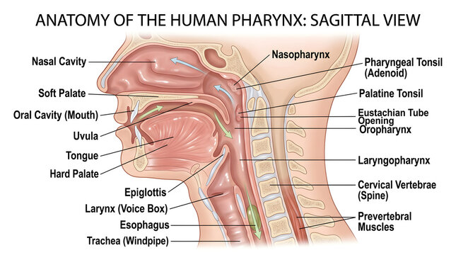 Sagittal view of the human pharynx labeling nasal cavity, oral cavity, nasopharynx, oropharynx, laryngopharynx, tonsils, soft palate, uvula, epiglottis, larynx, esophagus and trachea, demonstrating sh