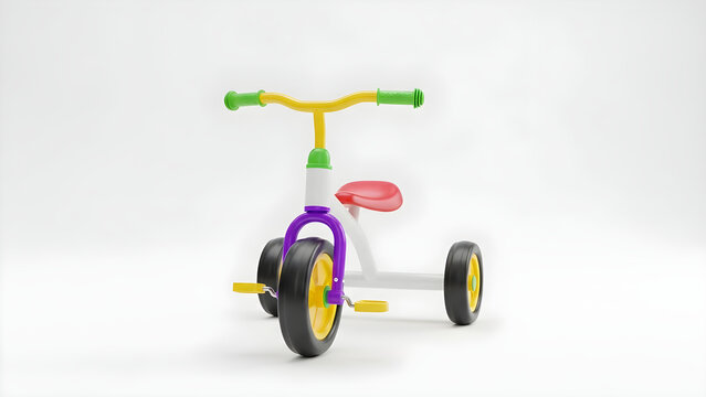 A colorful tricycle with yellow frame and green handlebar is shown