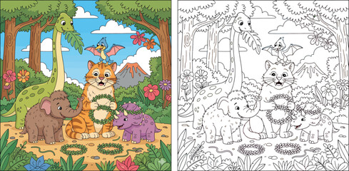 Cute Cartoon Prehistoric Animals Making Leaf Wreaths in a Vibrant Forest © MstSangita