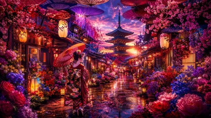 Naklejka premium Vivid Floral Kyoto Street at Twilight with Traditional Houses and Pagoda