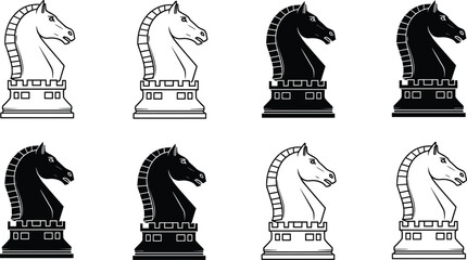 Chess knight piece collection with black and white strategy game symbols vector illustration isolated competition design set © Hafizul