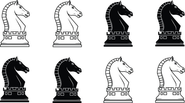 Chess knight piece collection with black and white strategy game symbols vector illustration isolated competition design set