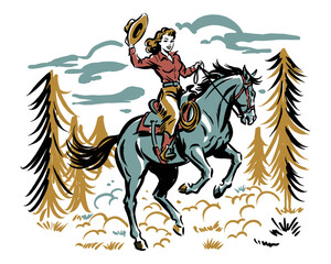 Fototapeta premium Retro cowgirl on a horse. Western vintage artwork. Wild west rodeo design. Cowboy graphic print. T shirt print design.