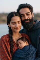 Fototapeta premium Outdoor family portrait of newborn sleeping in navy wrap with smiling parents for newborn announcement, family lifestyle and parenting portrait background
