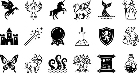 Fototapeta premium Fantasy Adventure Icon Set with Mythical Creatures Magic Items and Medieval Symbols