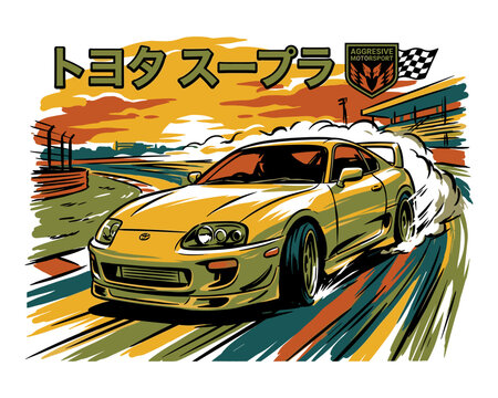 Sport car print design for t shirt. Speed racing poster design. Road speed graphic print. Extreme racing challenge. JDM drift style artwork.