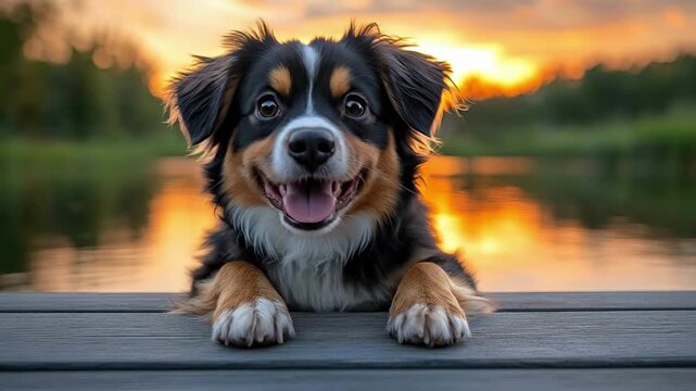 Happy tri-color dog relaxing by lake during vibrant sunset