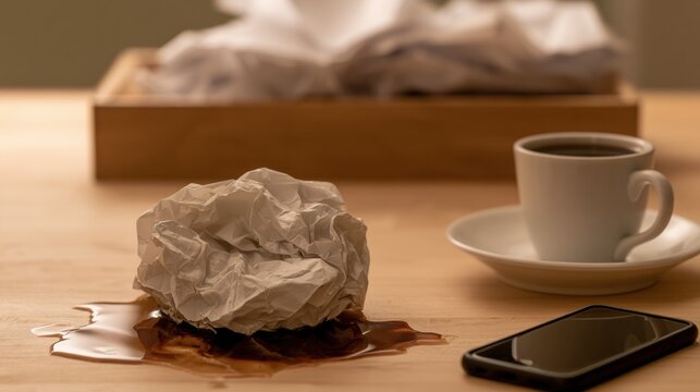 Crumpled paper lies on a desk with coffee spilled beside it. An inbox tray is full and a phone is left abandoned, showing signs of burnout.