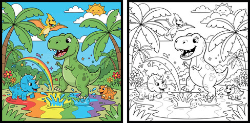 Cute Cartoon Dinosaurs Playing in a Rainbow Puddle with a Pterodactyl in a Sunny Prehistoric Landscape. © MstSangita