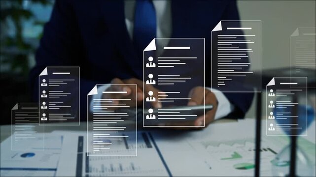 Business people working on a calculator with holographic documents profiles on virtual screen, Digital hr recruitment documents overlay on business tablet
