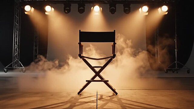 Empty director's chair on a smoky stage with dramatic spotlights. Symbolizes leadership, success, opportunity, and the entertainment industry, ideal for themes of career, ambition, and show business.