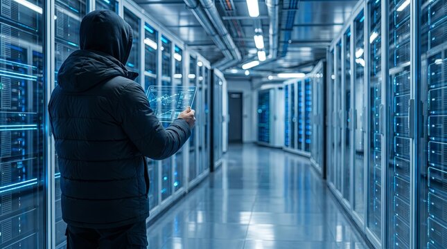 Cybersecurity Engineer Walking Through Modern Data Center Corridor