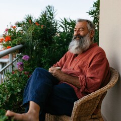 Naklejka premium Relaxed bearded man enjoying coffee on a plant filled balcony for lifestyle background and banner use