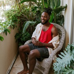 Naklejka premium Smiling man seated in a wicker chair on a lush balcony holding a cup of coffee for wellness lifestyle background and social media content