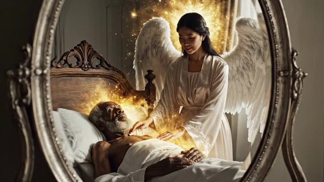 Asian Angel Beside Sleeping Black Man, Antique Bedroom Mirror Framing Scene, Soft Golden Halo Over Chest, Gentle Bedside Touch And Healing Light, Serene Compassionate Atmosphere Of Solace And Faith.