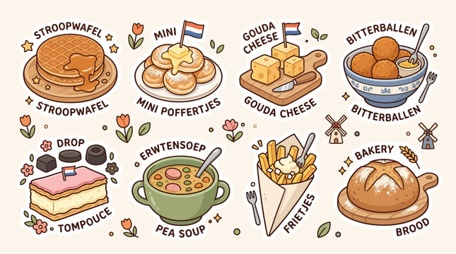 A charming illustration showcasing a variety of popular Dutch foods and treats, including stroopwafels, mini poffertjes, gouda cheese, bitterballen, drop, tompoes, erwtensoep, frietjes, and bread.