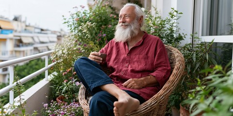 Naklejka premium Relaxed senior man with white beard sitting barefoot on balcony chair among plants for home lifestyle background and outdoor relaxation