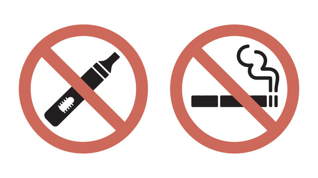 No smoking no vaping sign vector set, electronic cigarette prohibition symbols, e-cigarette banned icons, cigarette restriction warning graphics, red forbidden safety signage design.