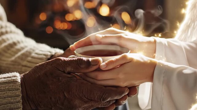 Warm Hands Helping With Compassionate Touch. Soft Hands Reaching Out To Comfort And Bless Aged Soul. Compassionate Caregivers Extend Warm Embrace And Gentle Gesture Offering Solace And Blessing.