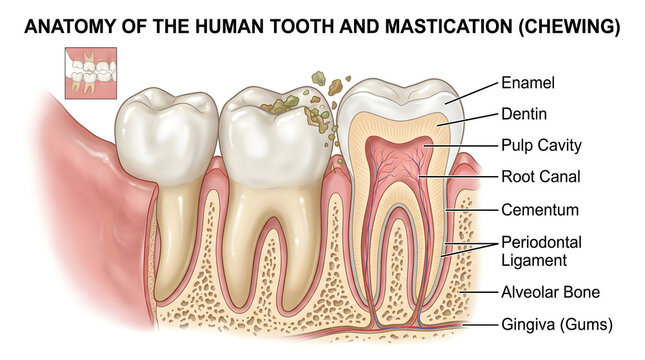 Anatomy of the human tooth and mastication in side view, showing multiple teeth embedded in alveolar bone with enamel, dentin, pulp cavity, root canal, cementum, periodontal ligament and gingiva, plus