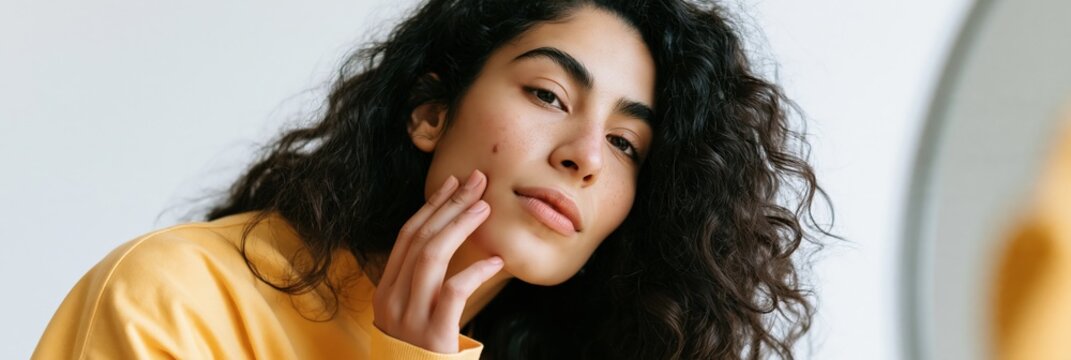 Closeup of woman touching her cheek in front of mirror for facial care and blemish inspection background for skincare design