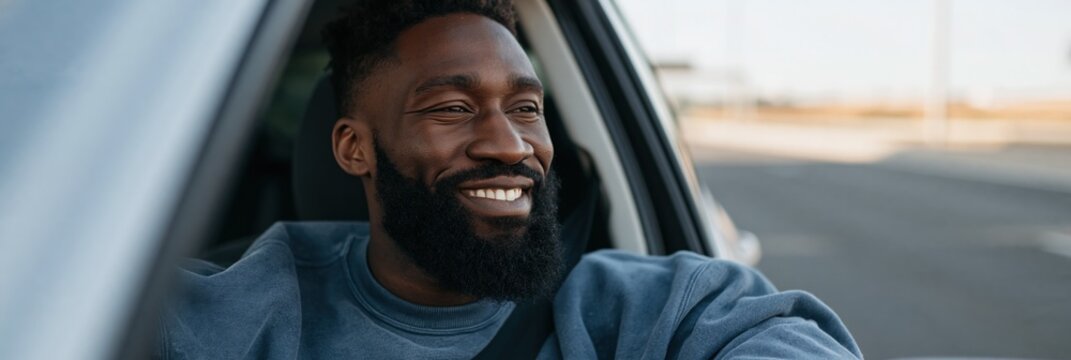 Young man smiling while driving for lifestyle banner and website background emphasizing safe travel and positive commuting