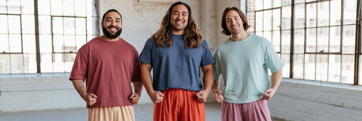 Naklejka premium Three diverse men standing and smiling showing team strength and confidence in casual outfits for fitness lifestyle banner and background