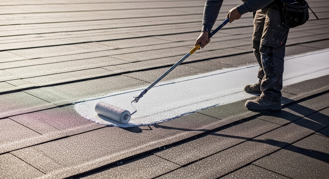 Roof sealing worker applies white coating to industrial rooftop. Experienced roof sealing worker ensures durable weatherproofing, improving building longevity.