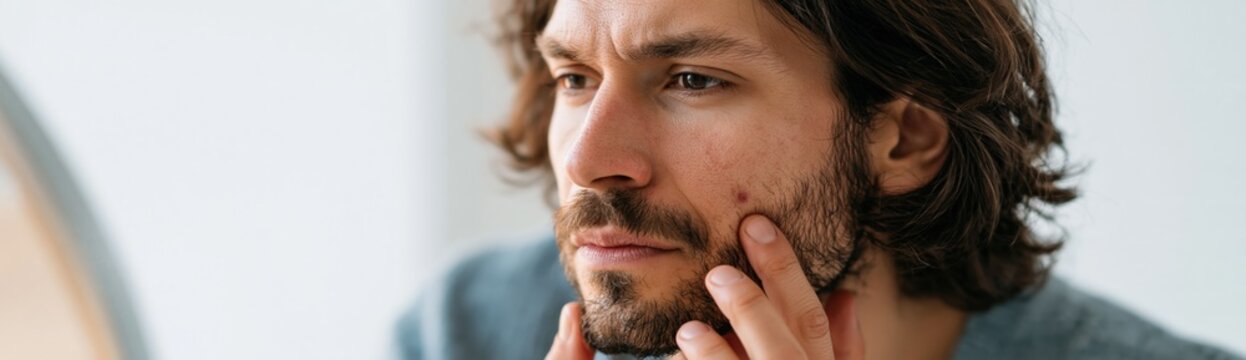 Bearded man inspecting facial blemishes and acne in a mirror for skincare treatment advertisement and acne care background