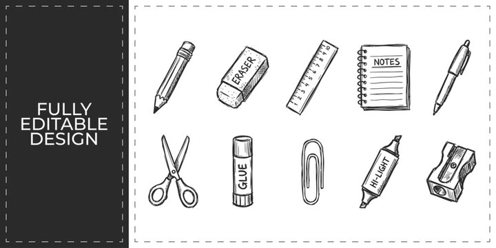 Hand drawn school stationery and art icons with pencil eraser ruler and scissors symbols flat vector illustration icon bundle set high resolution