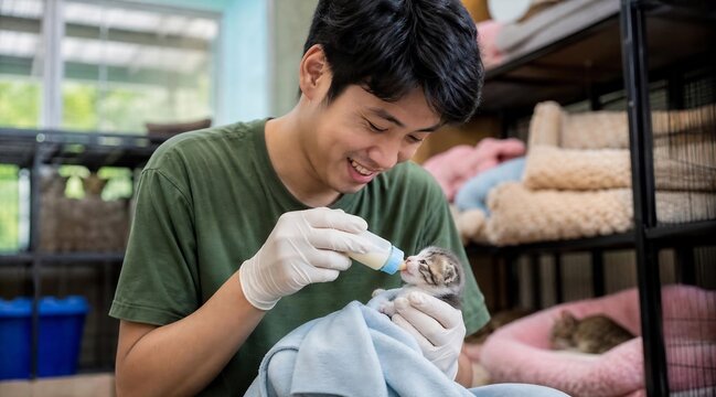 Male volunteer bottle feeding a tiny rescued kitten at animal shelter