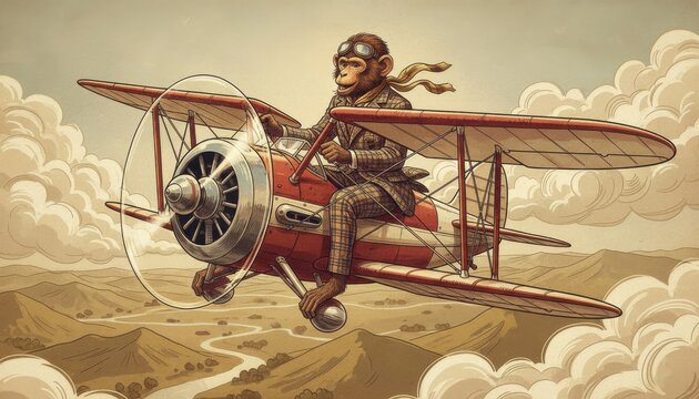 Fashionable monkey flying high in a vintage biplane over rolling hills