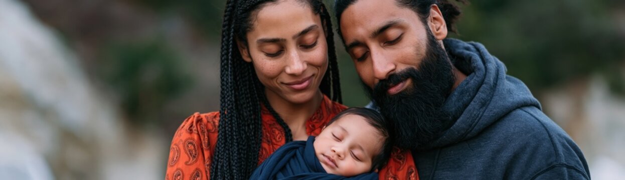 Close family portrait with newborn sleeping wrapped in a blanket for parenting, family wellness background and banner use