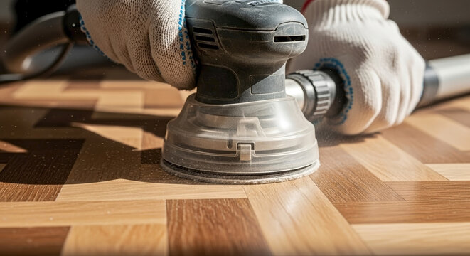 Professional worker sanding parquet with vacuum system, ensuring dust free operation during floor renovation.