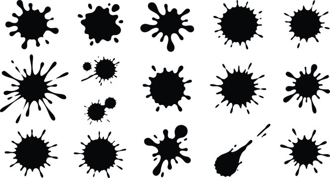 Black ink splashes, liquid paint splatters, abstract blot shapes, grunge droplets set, isolated vector illustration.