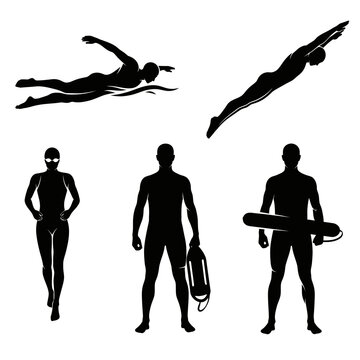 Black silhouette collection of swimmers and lifeguards in various poses.