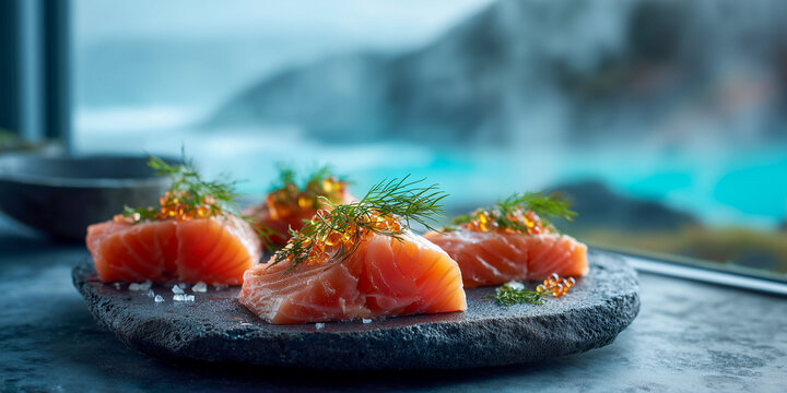 smoked arctic char on black volcanic stone with misty blue lagoon and black sand background