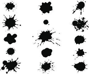 Fototapeta premium Black ink splatters and paint splashes vector illustration set, grunge texture elements, isolated on white background.